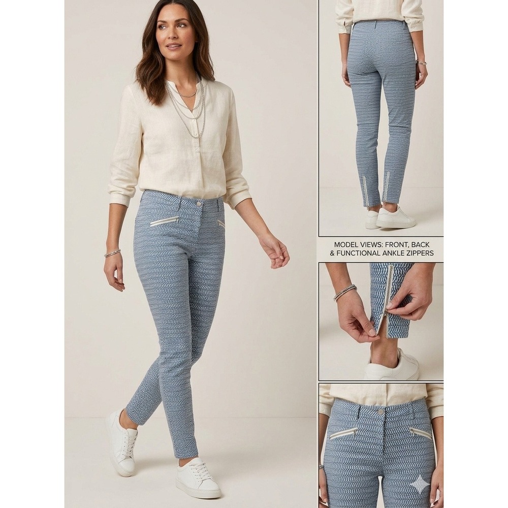 J.McLaughlin Ankle‎ Pants Womens 0 Blue Lexi Geometric Zip Cuff Skinny Trousers